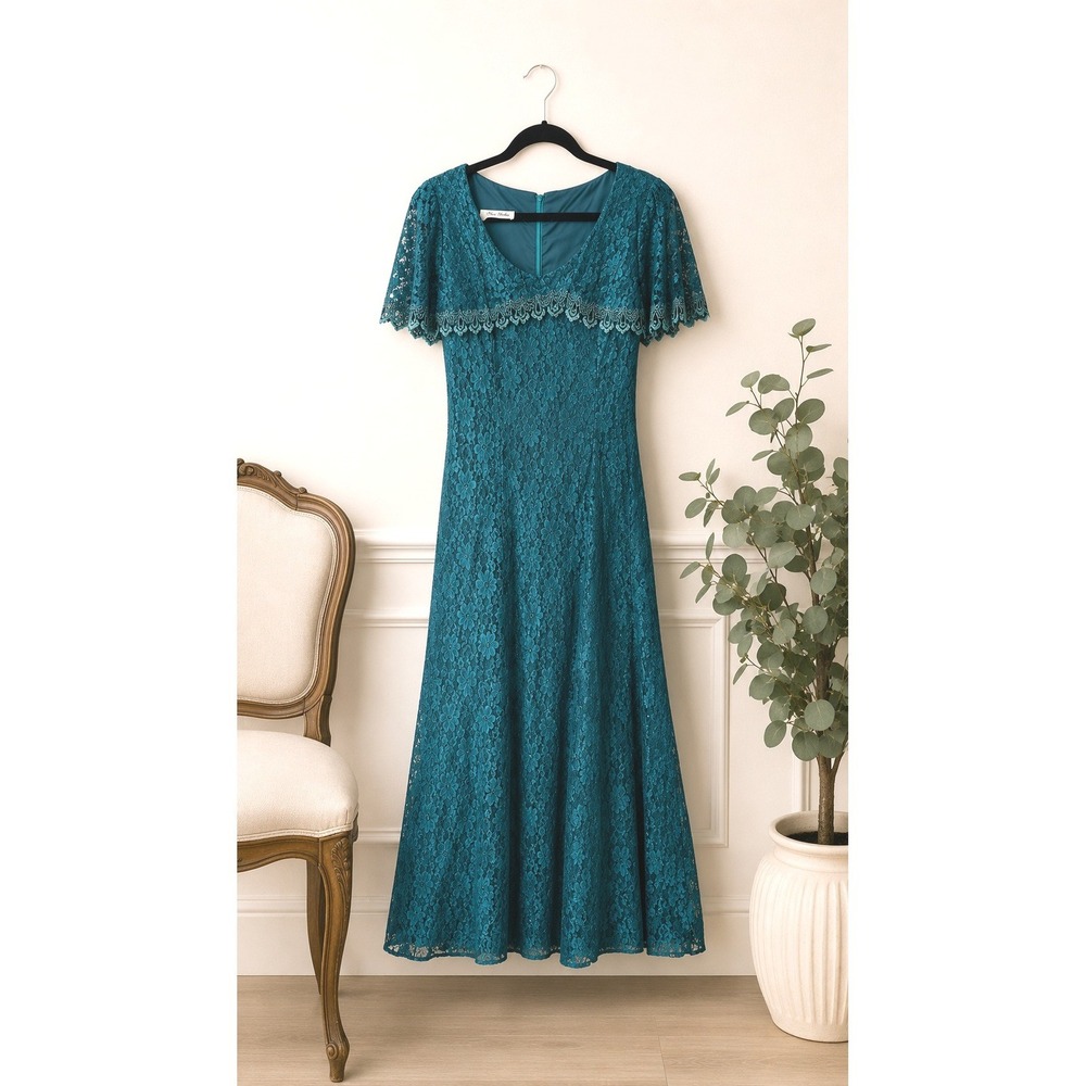 Vintage Nu Mode Jade Green Lace Maxi Dress Sz M Modest Prom Mother Bride Demure